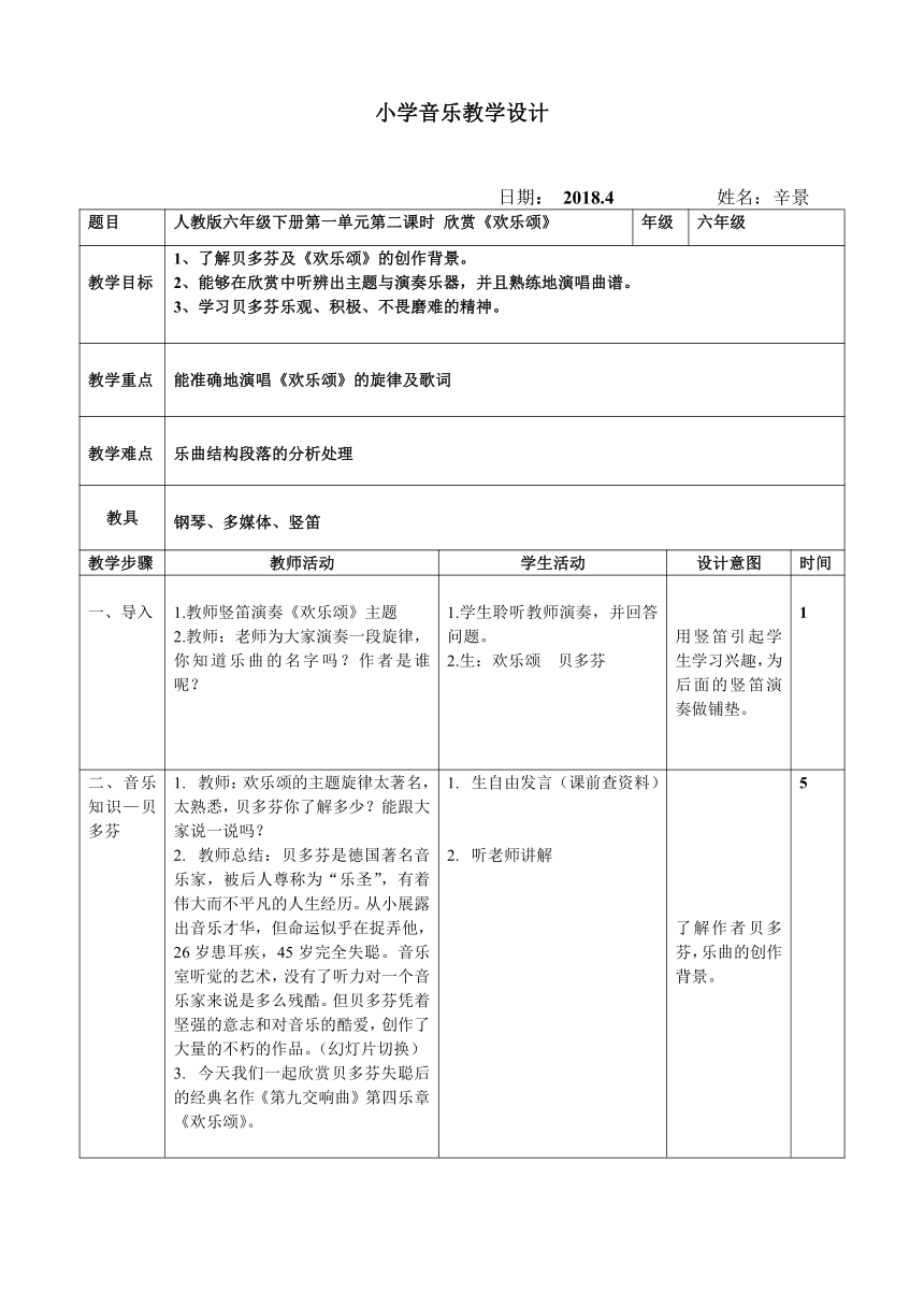 人教版六年级音乐下册（简谱）第一单元《欢乐颂》教学设计