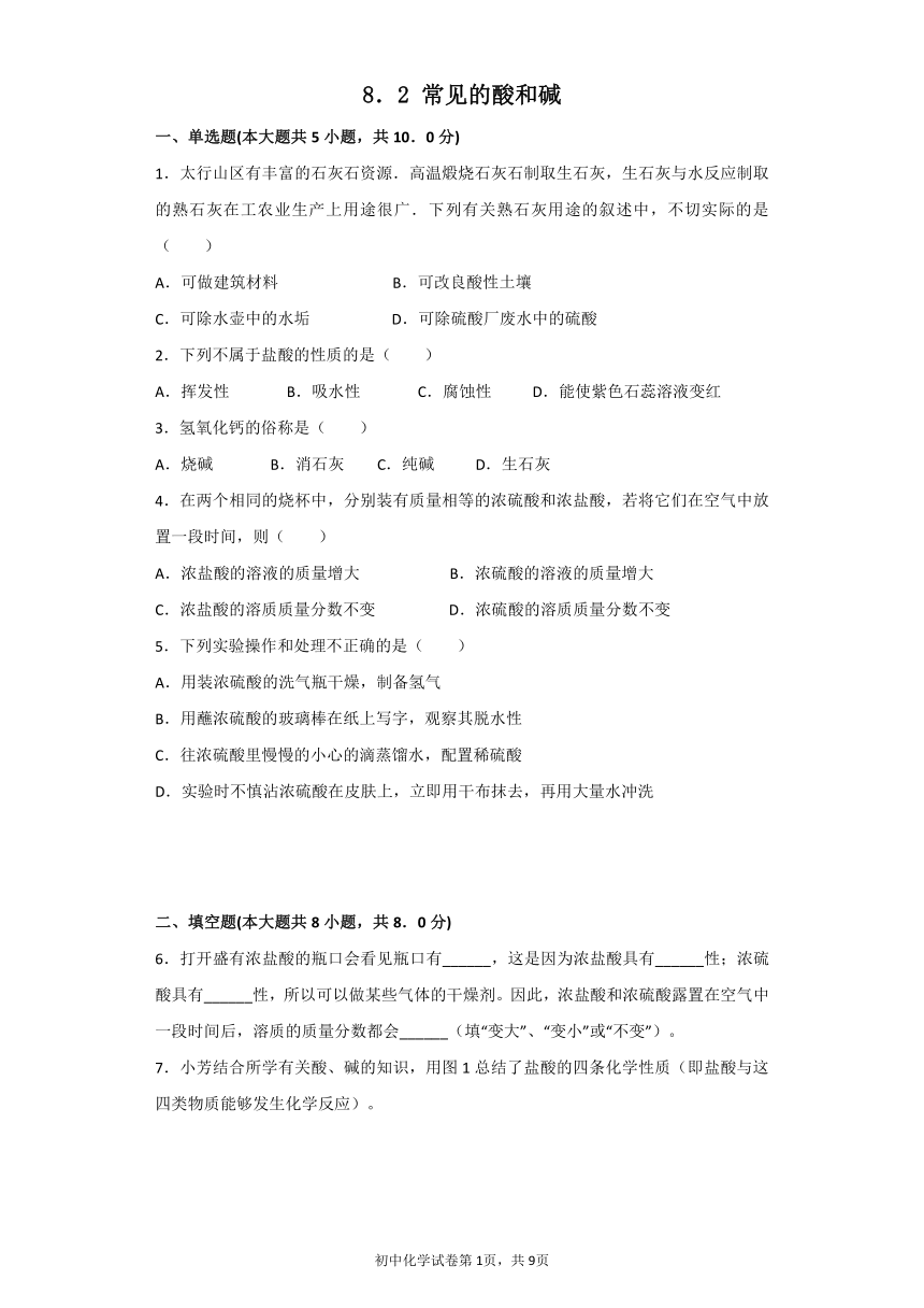 化学粤教版九年级下册第八章常见的酸、碱、盐8.2常见的酸和碱同步练习（解析版）