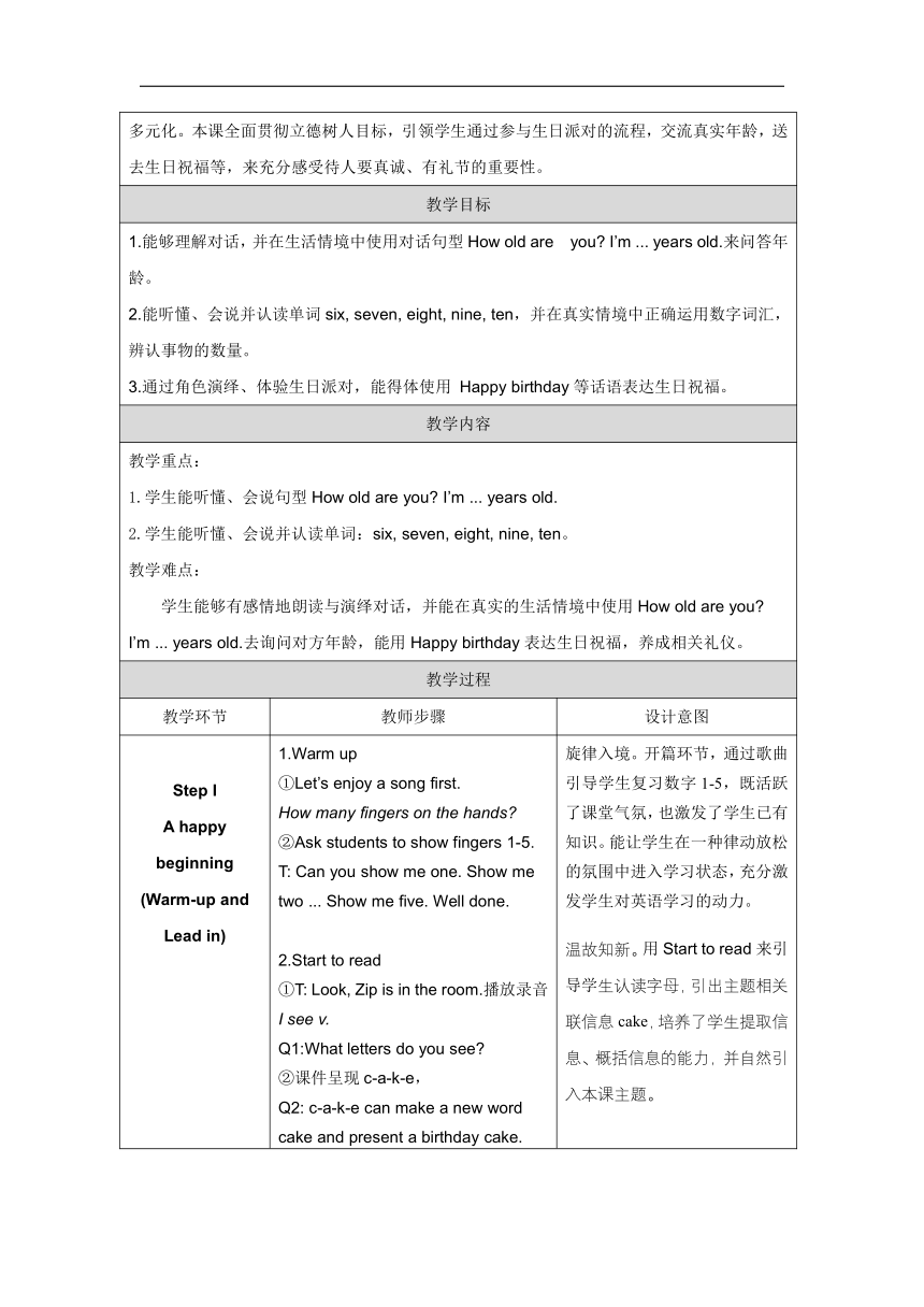 【新课标】Unit 6 Happy birthday! Part B 表格式教学设计