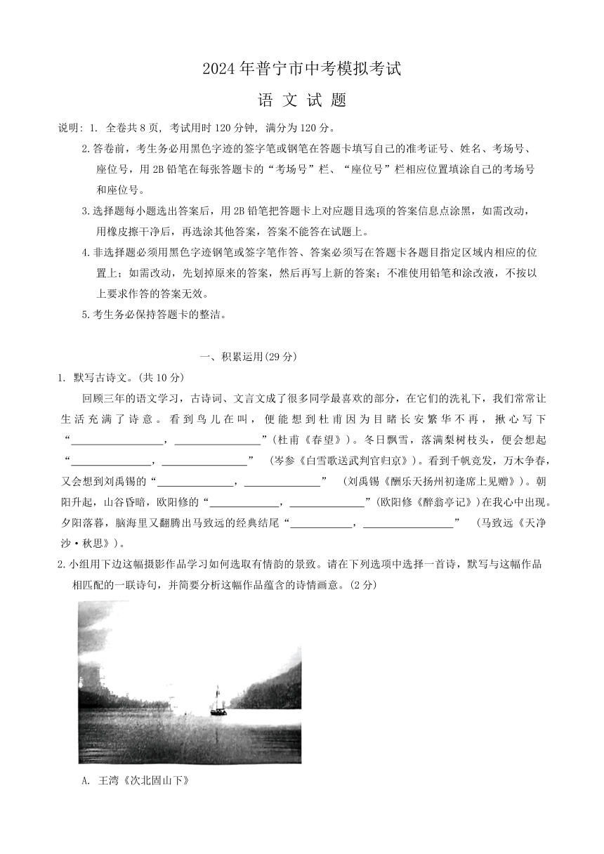 2024年广东省揭阳市普宁市中考一模语文试题（含答案）