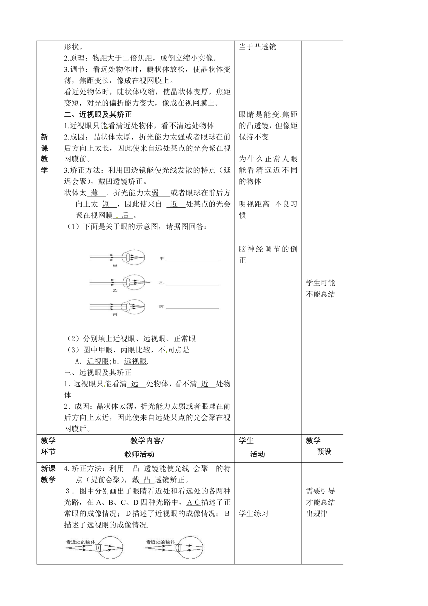 沪科版八年级物理 4.6神奇的眼睛 教案（表格式）