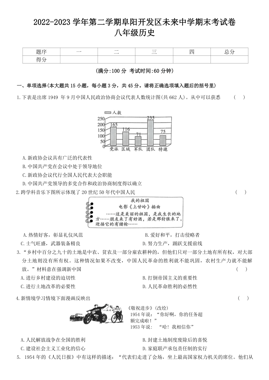 安徽省阜阳阜阳市颍州区未来学校2022-2023学年八年级下学期期末考试历史试卷（含答案）