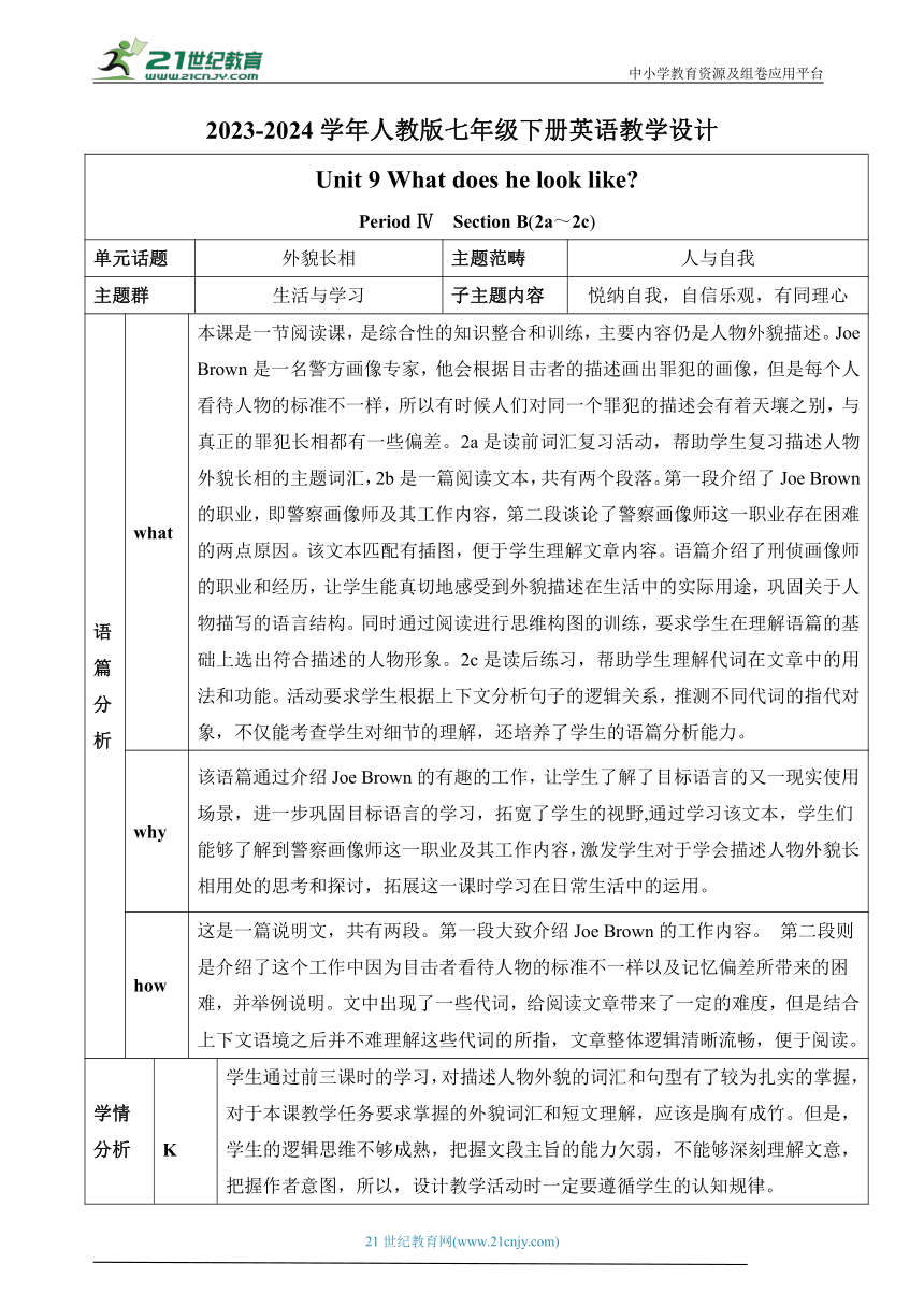 【新课标】Unit 9 What does he look like　Section B(2a～2c)表格式教学设计 人教版英语七年级下册