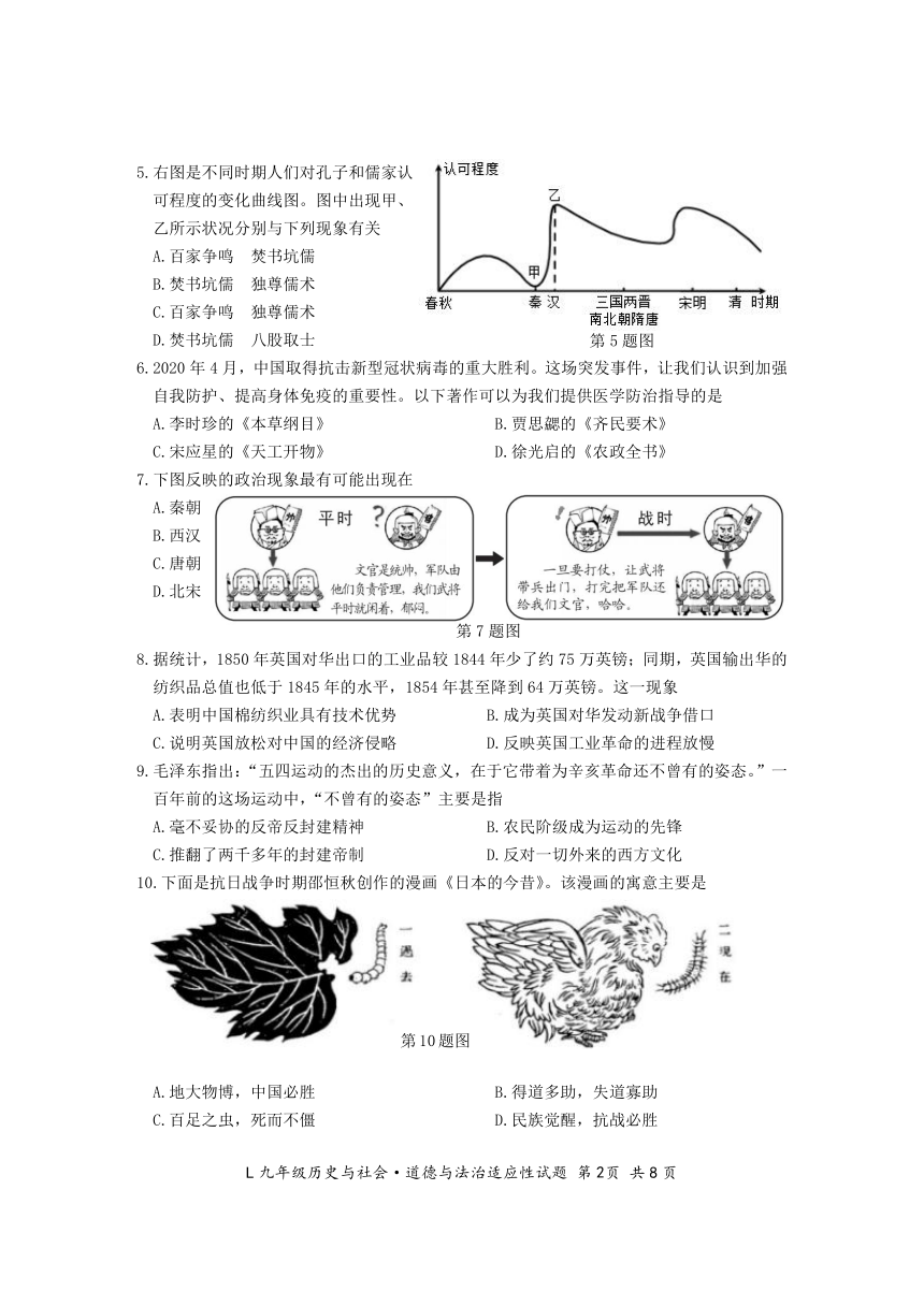 浙江台州市路桥区 2020年初中毕业生学业考试 历史与社会 道德与法治 适应性试卷 （含答案）