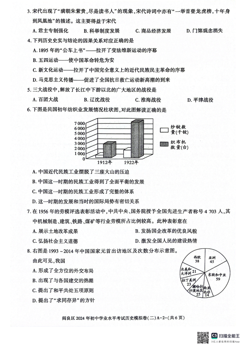 2024年陕西省西安市阎良区中考二模历史试题（扫描版，无答案）