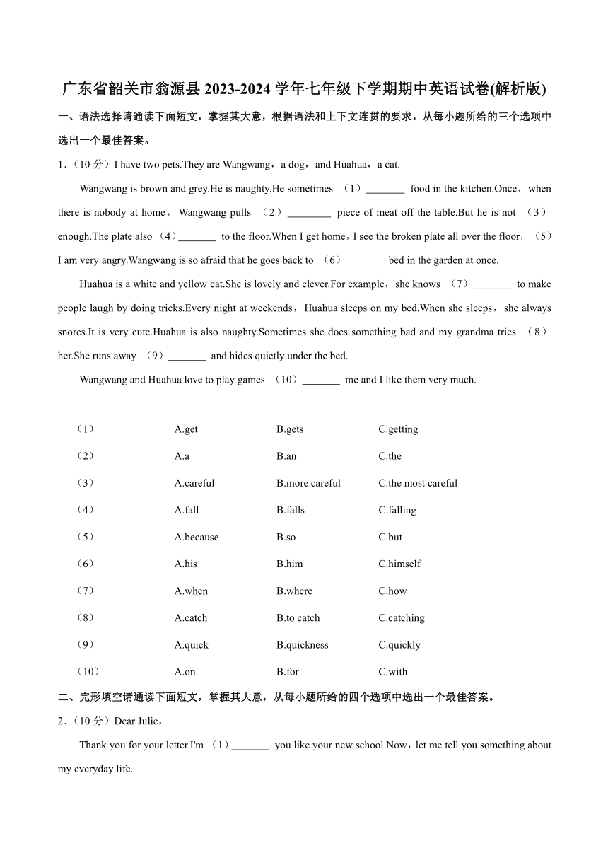 广东省韶关市翁源县2023-2024学年七年级下学期期中英语试卷（含解析）