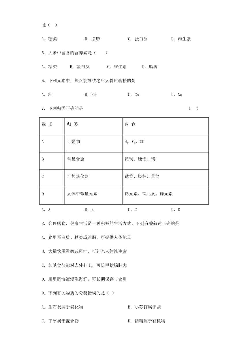 鲁教版化学九年级下册第十单元《化学与健康》测试题（含答案）