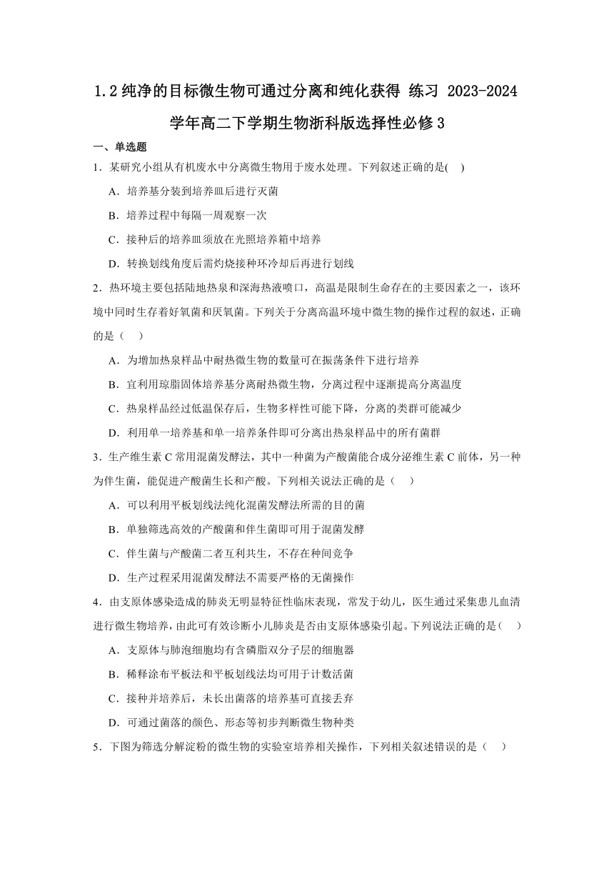 1.2纯净的目标微生物可通过分离和纯化获得 练习（含解析）2023-2024学年高二下学期生物浙科版选择性必修3