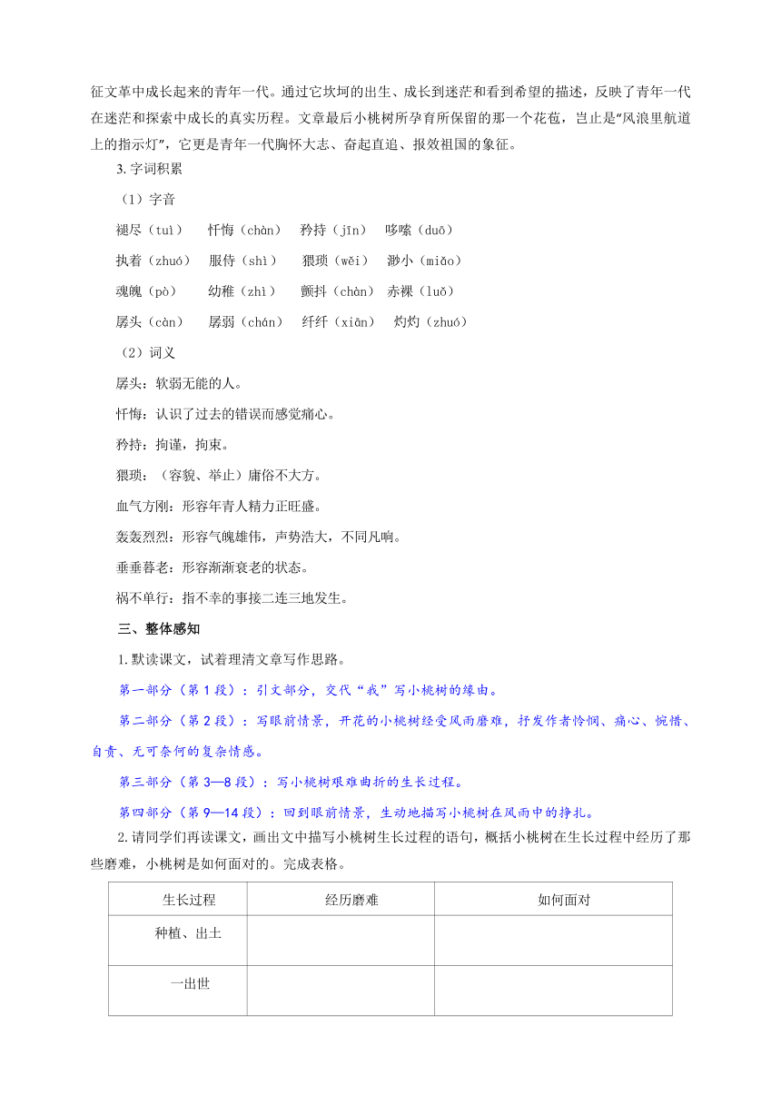 第19课《一棵小桃树》教学设计-2023-2024学年统编版语文七年级下册