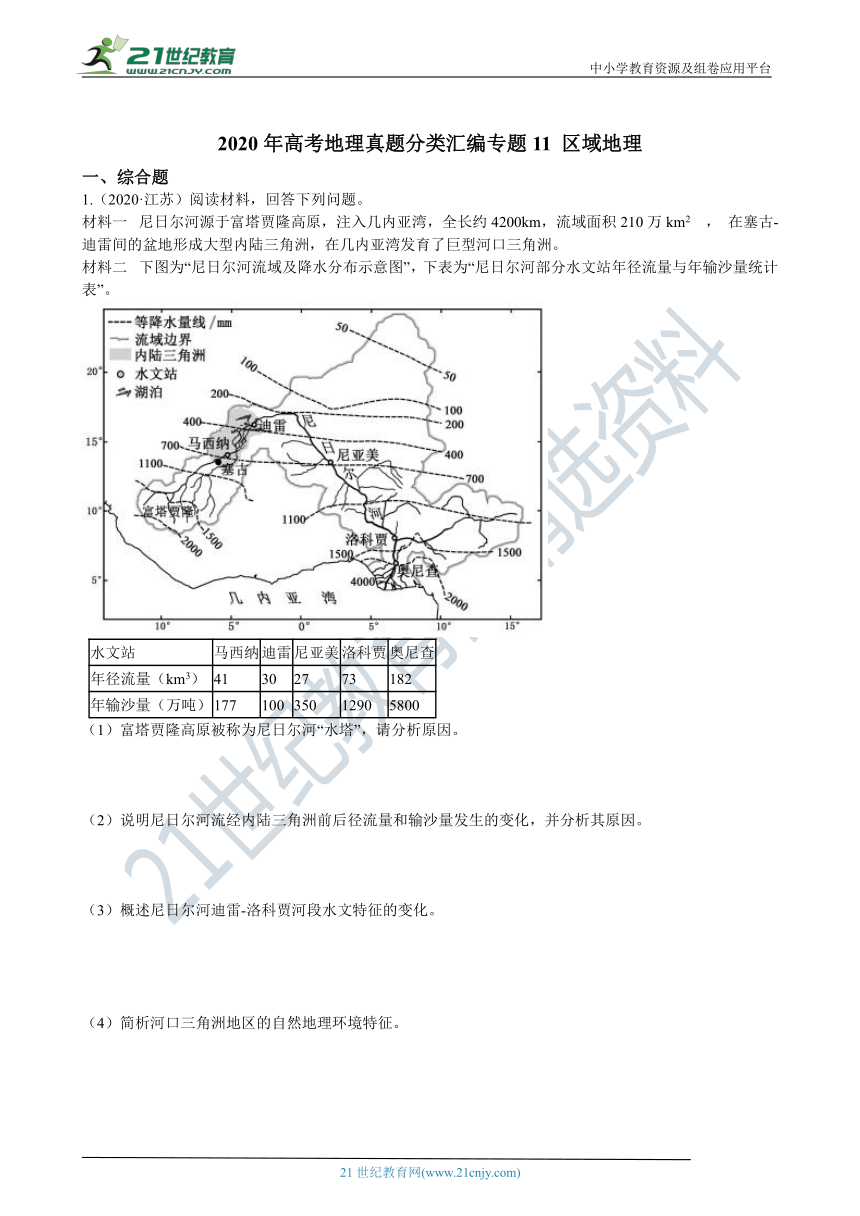 2020年高考地理真题分类汇编专题11 区域地理（含解析）