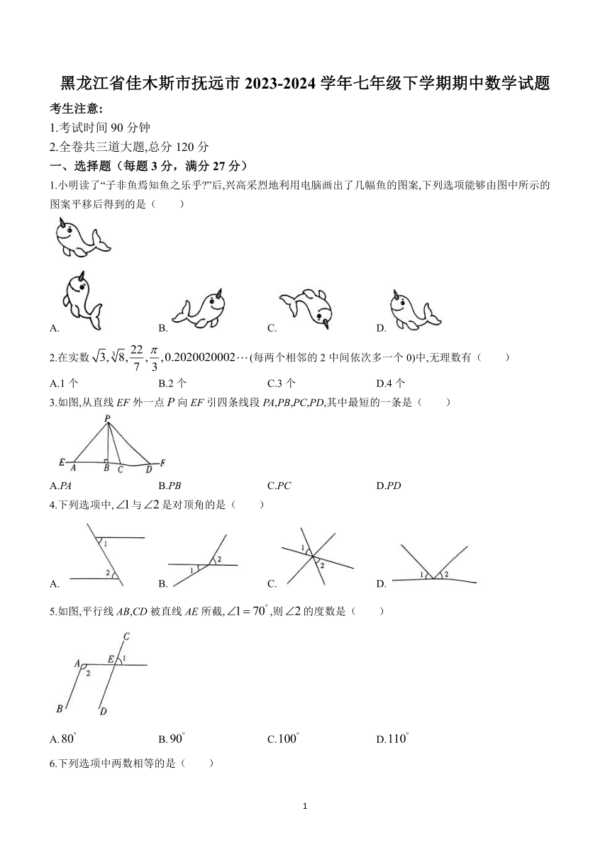 黑龙江省佳木斯市抚远市2023-2024学年七年级下学期期中数学试题(无答案)