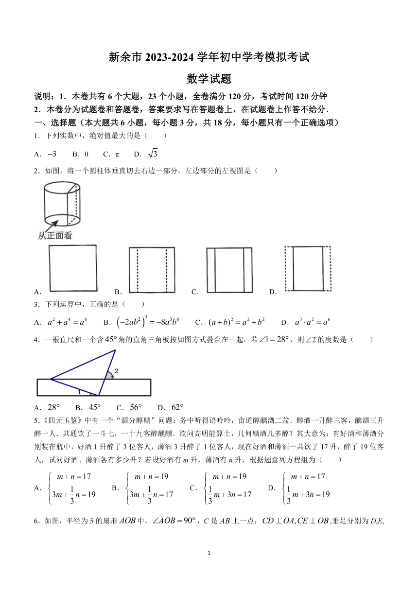 2024年江西省新余市中考模拟数学试题(无答案)