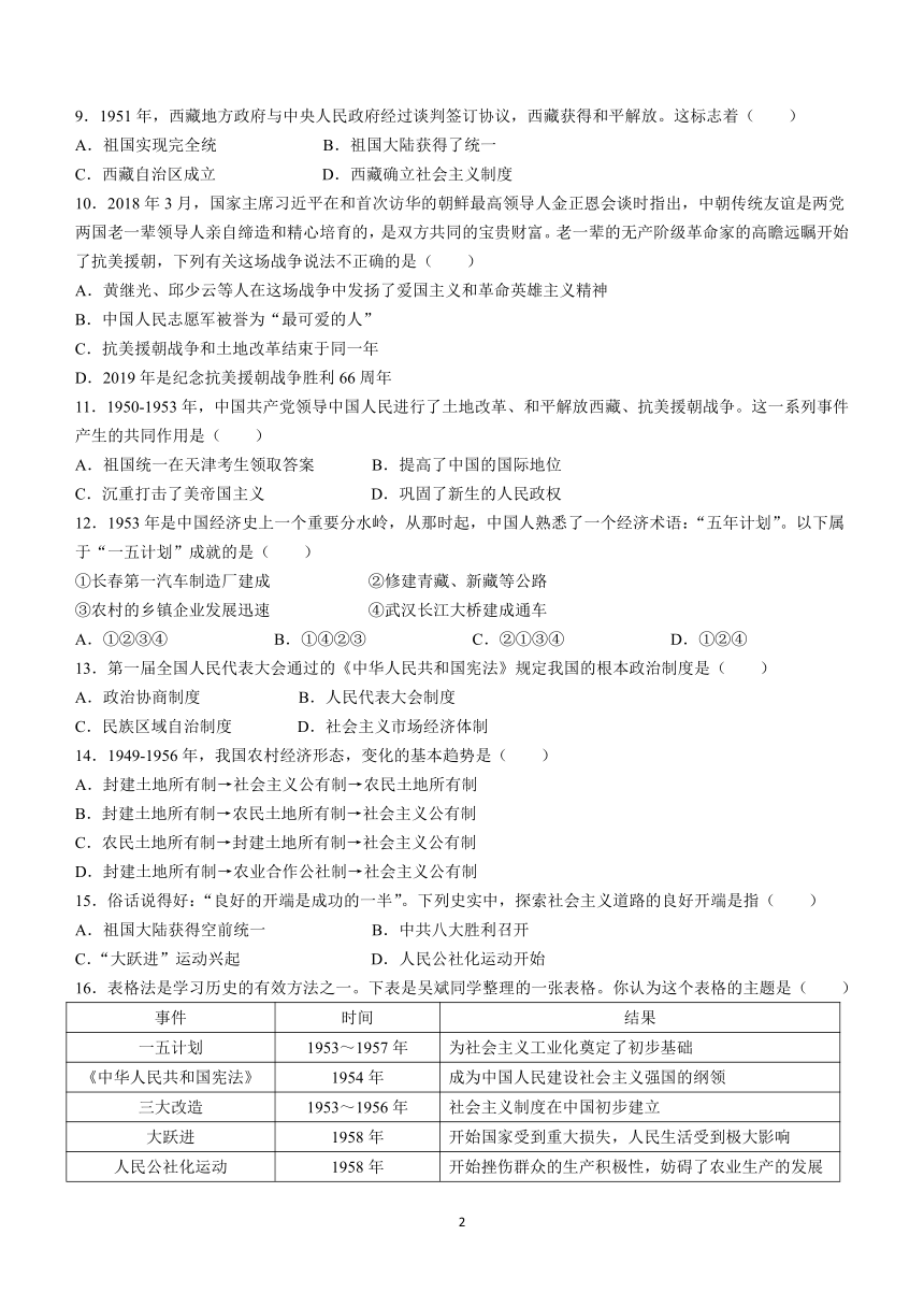 天津市红桥区河北工业大学附属红桥中学2023~2024学年八年级下学期期中历史试题(无答案)