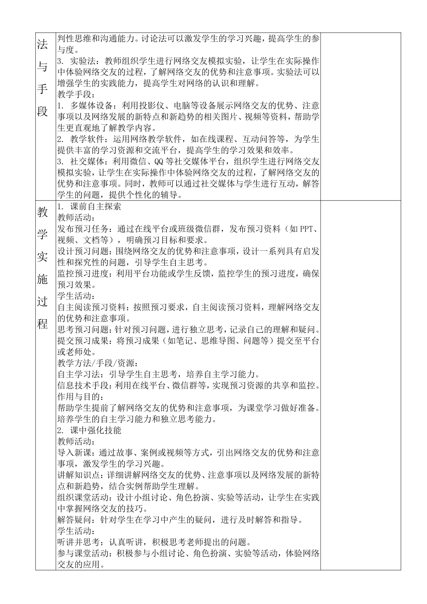 （核心素养目标）5.2 网上交友新时空 表格式教案