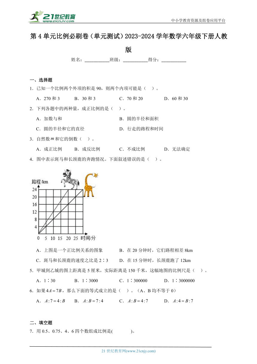 第4单元比例必刷卷（单元测试）2023-2024学年数学六年级下册人教版（含答案）