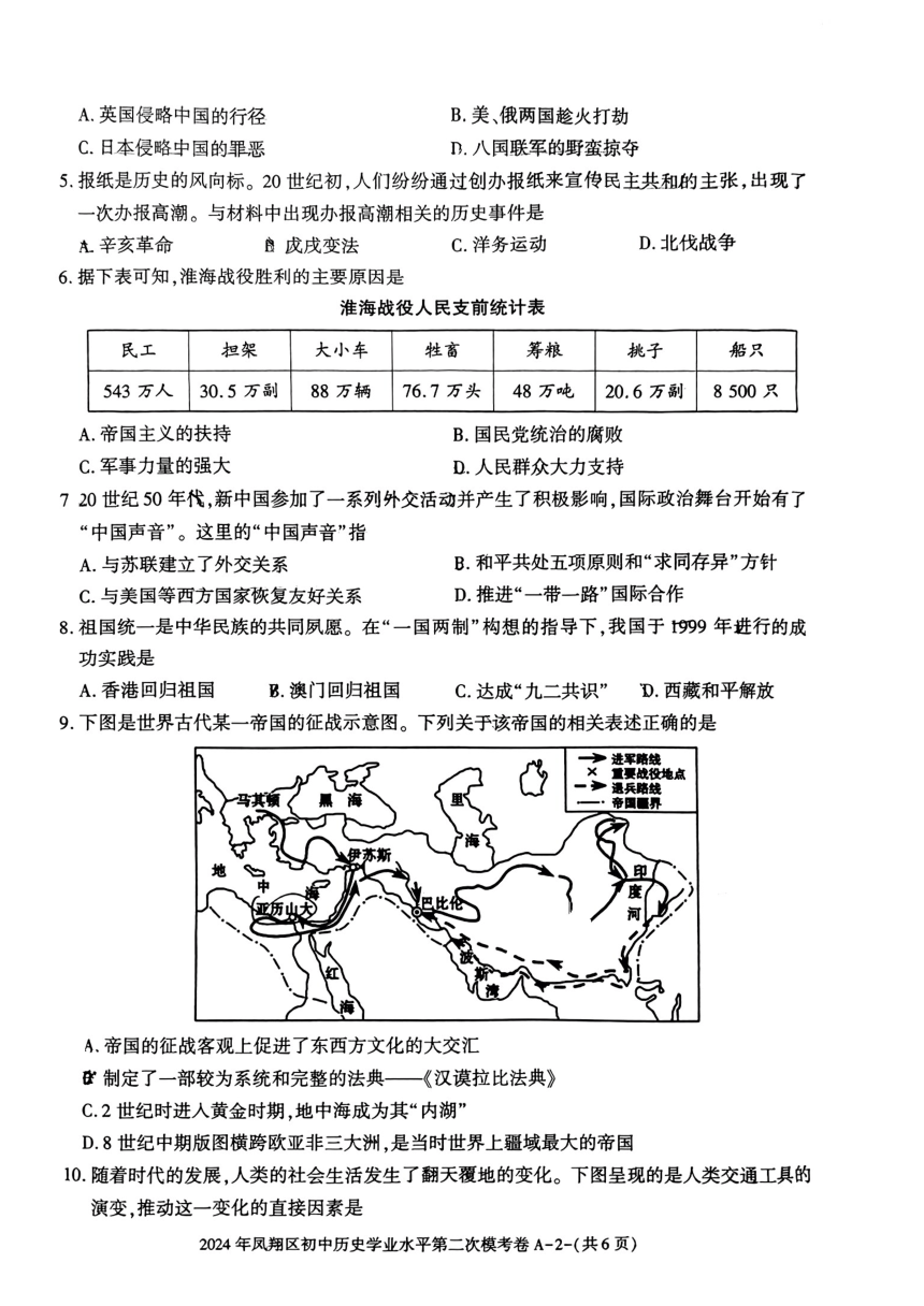 陕西省宝鸡市凤翔区2024年中考二模考试历史试题(扫描版无答案)