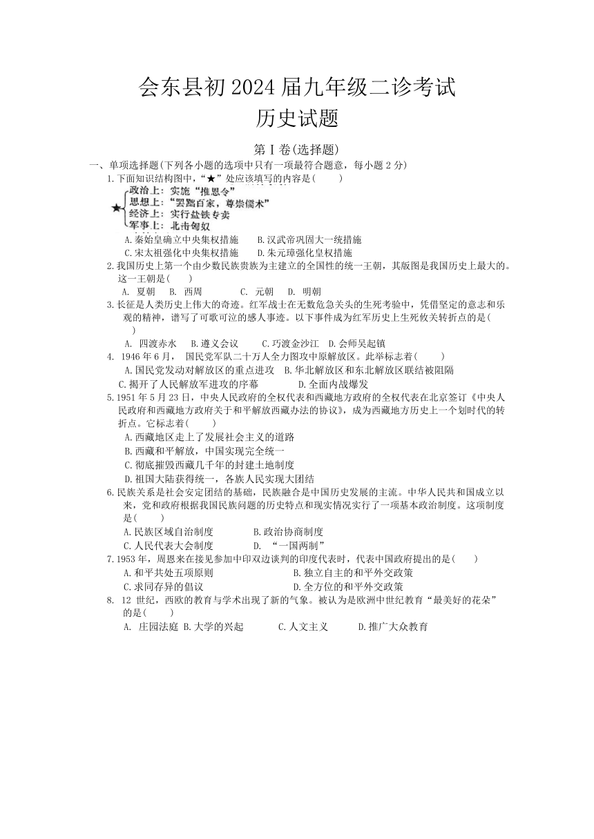 2024年四川省凉山彝族自治州会东县中考二模历史试题(含答案)