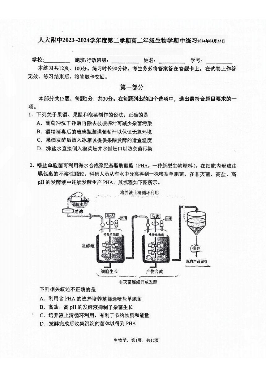 2024年北京市中国人民大学附属中学高二下学期期中生物试题（pdf版无答案）