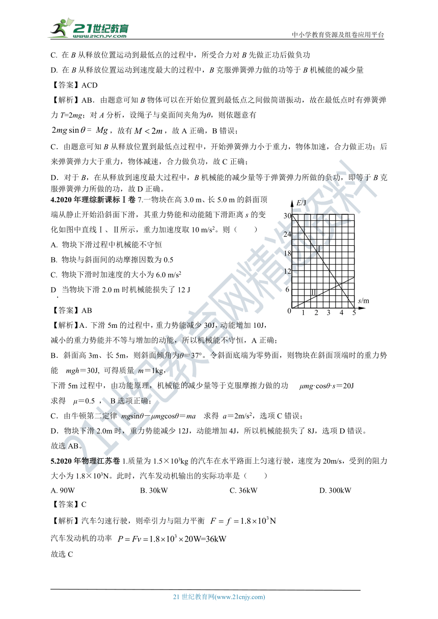 2020年高考 物理试卷真题分类汇编之4-功和能（含解析）