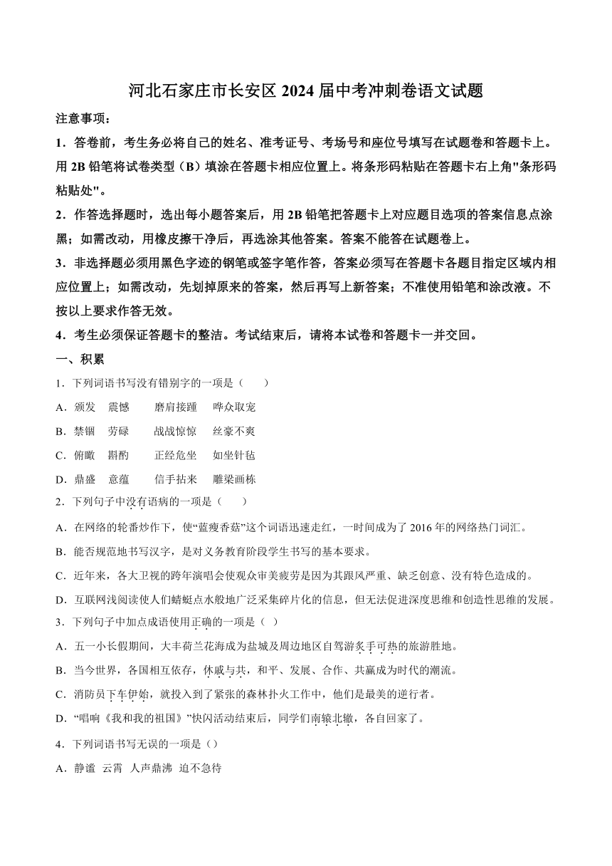2024年河北省石家庄市长安区中考模拟语文试题（含解析）
