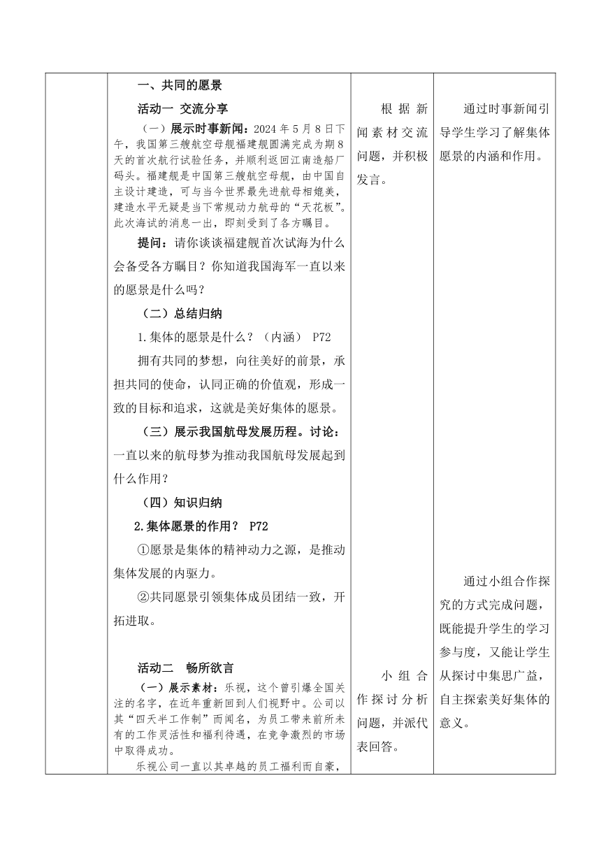 （核心素养目标）8.1 憧憬美好集体 表格式教案-2023-2024学年统编版道德与法治七年级下册