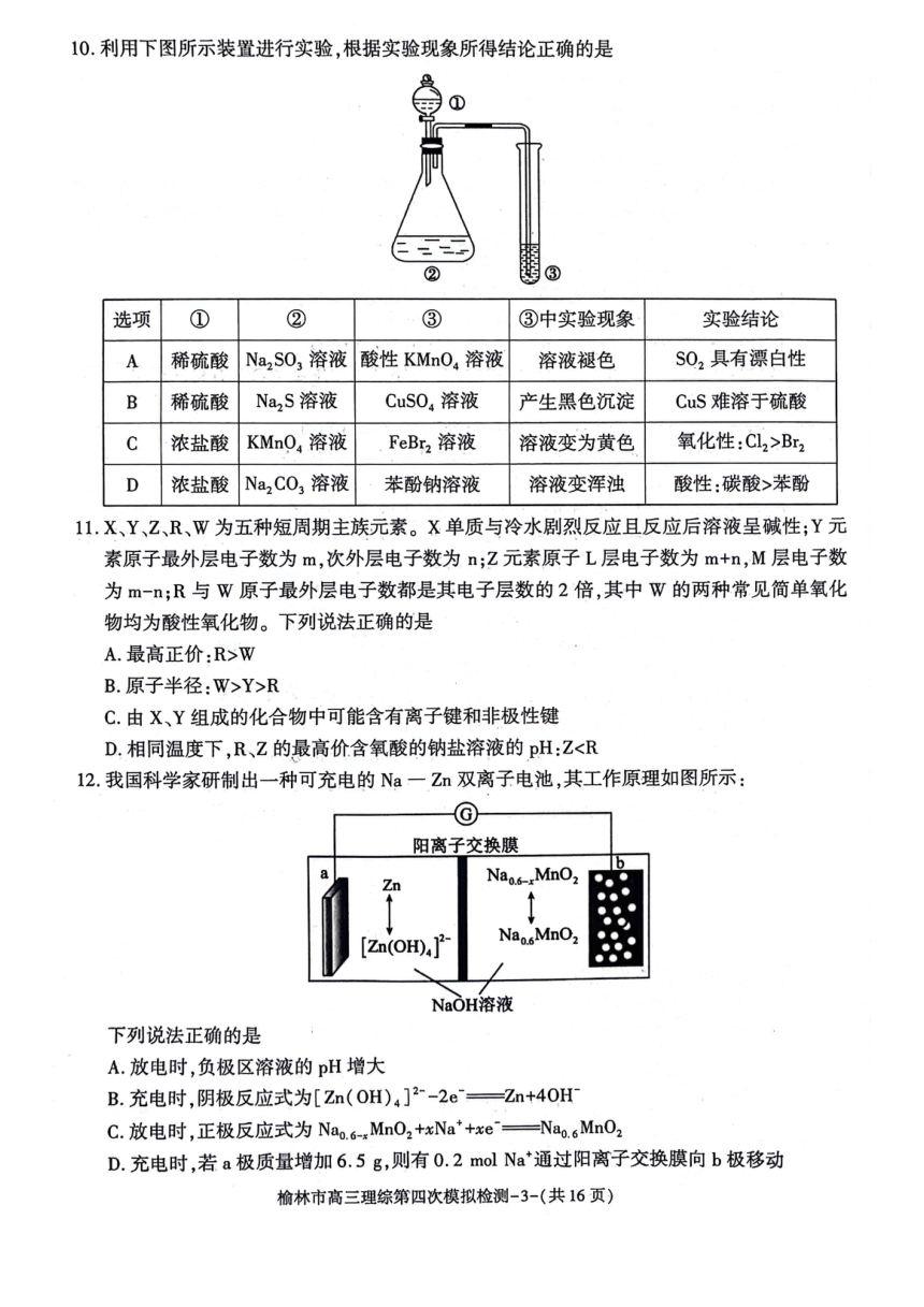 陕西省榆林市2024届高三下学期5月第四次模拟检测试题 理综 （PDF版含答案）