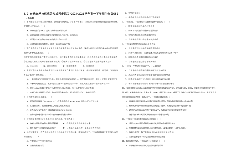 6.2 自然选择与适应的形成 同步练习(含解析）-2023-2024学年高一下学期生物必修2