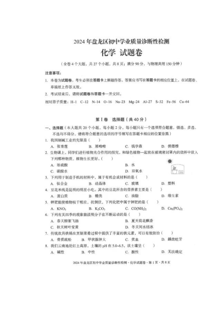 2024年云南省昆明市盘龙区中考化学模拟试卷（图片版含答案）