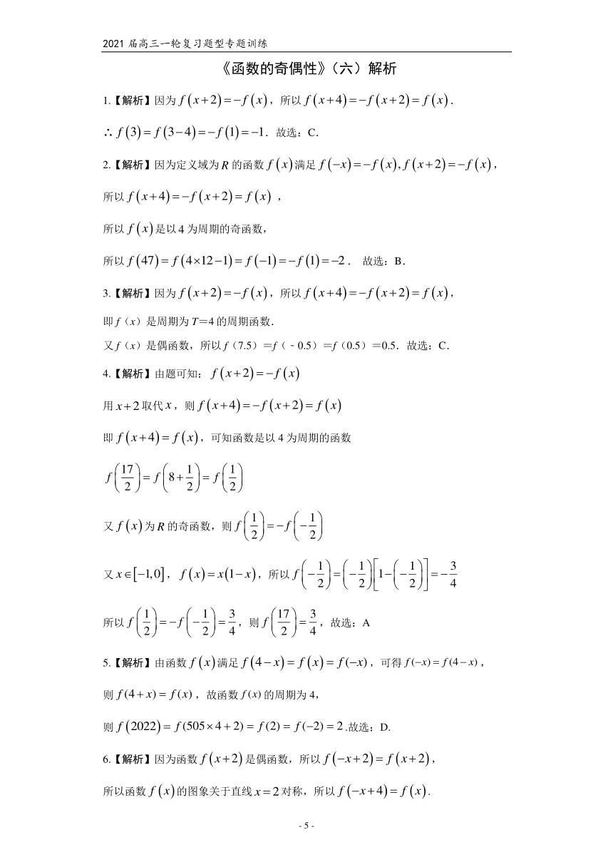 2021届高三数学（文理通用）一轮复习题型专题训练：函数的奇偶性（六）（Word含解析）