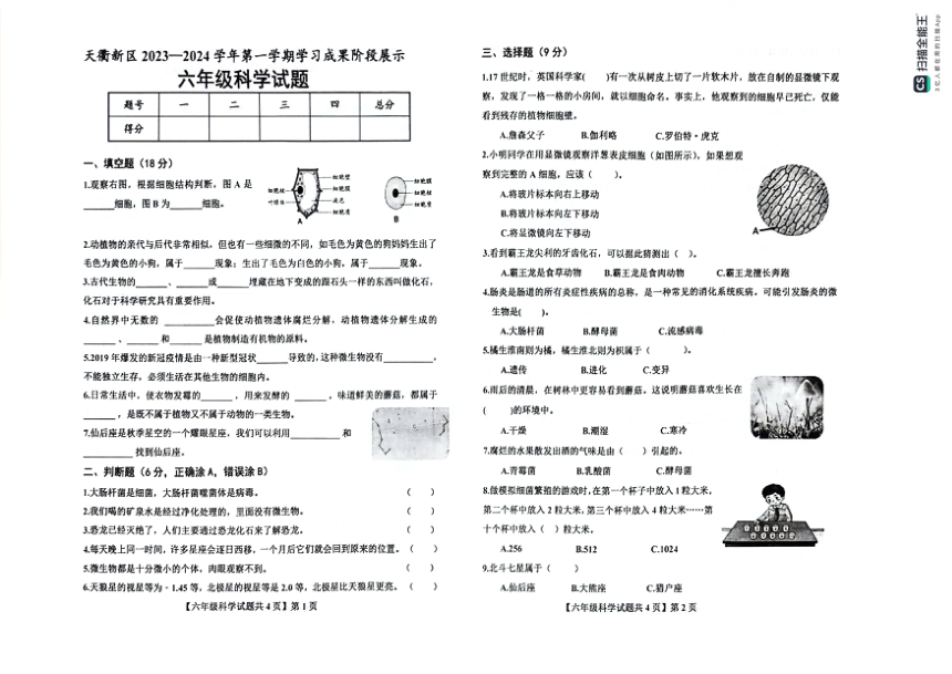 山东省德州市天衢新区2023-2024学年六年级上学期期中考试科学试题（扫描版，无答案）