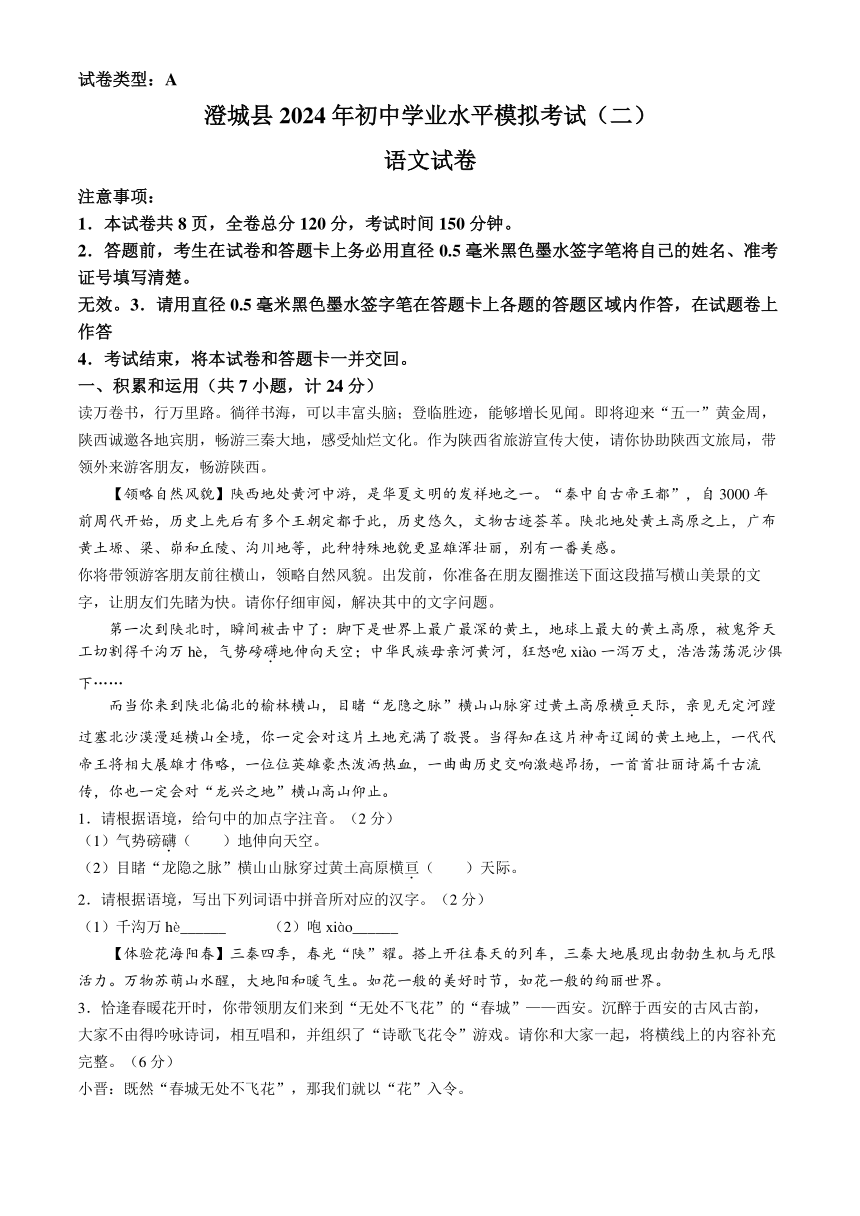2024年陕西省澄城县中考二模语文试题（含答案）