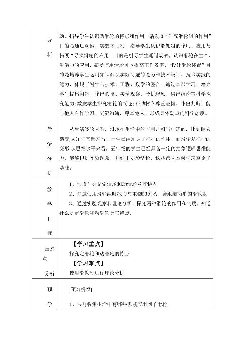 冀人版（2017秋）五年级下册5.19滑轮的作用 教学设计（表格式）