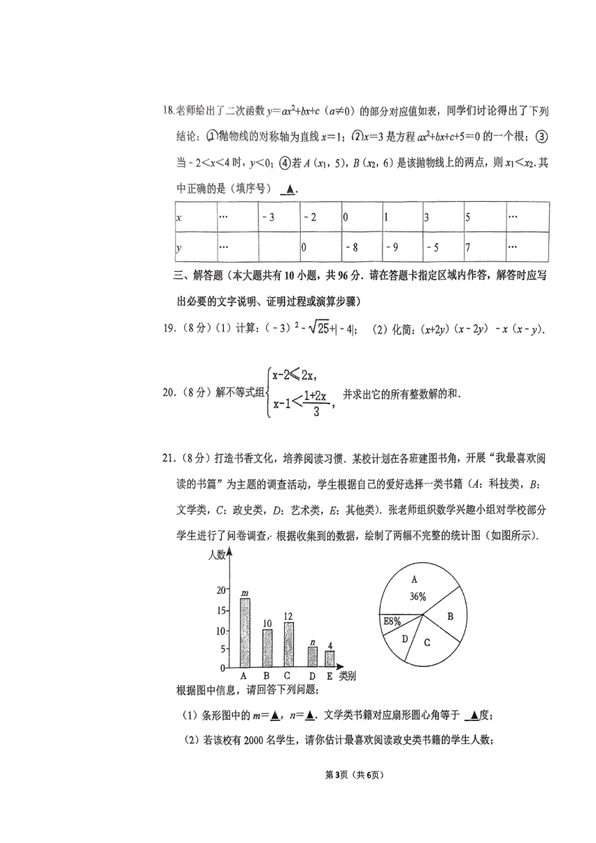 2024年江苏省扬州市翠岗中学九年级中考第二次模拟考试数学试题（PDF版，无答案）