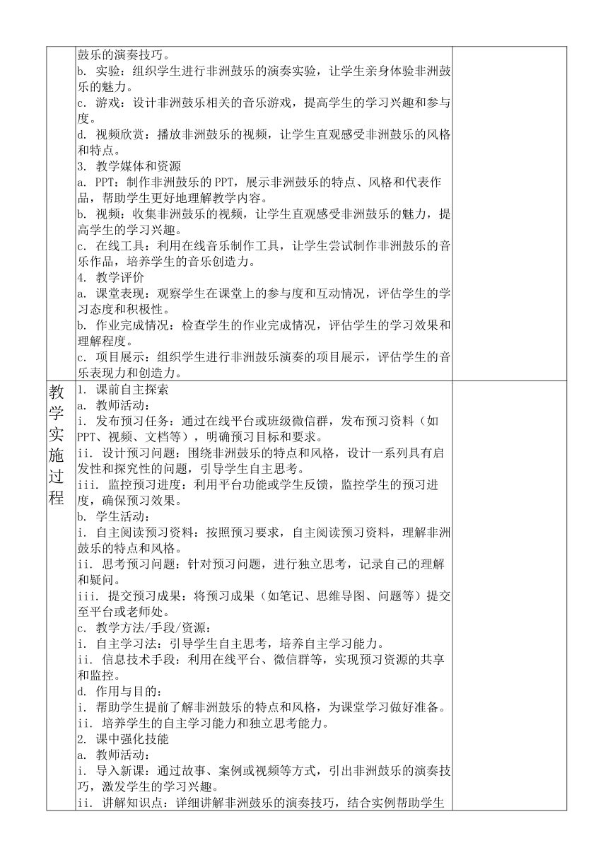 【核心素养目标】第四单元 非洲灵感—— 鼓乐 教学设计（表格式） 人音版初中音乐九年级下册