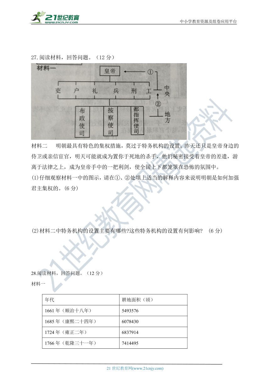 2019----2020学年第二学期七年级历史期末试卷（含答案）