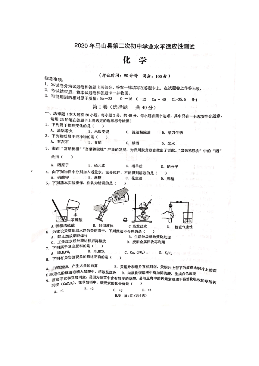 广西马山县2020届九年级第二次学业水平适应性测试化学试题（图片版含答案）