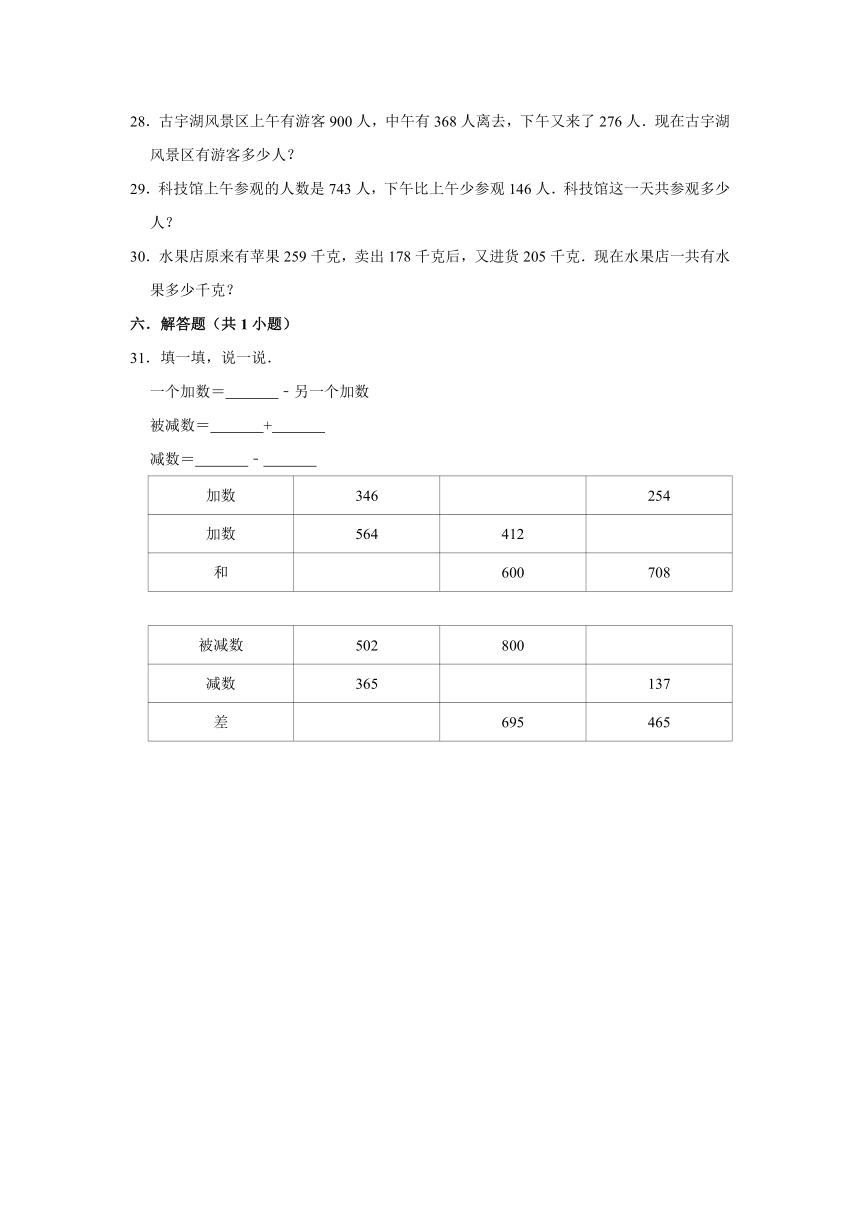 2020-2021学年人教版小学三年级数学上册 第2章 万以内的加法和减法（一） 单元测试题（有答案）