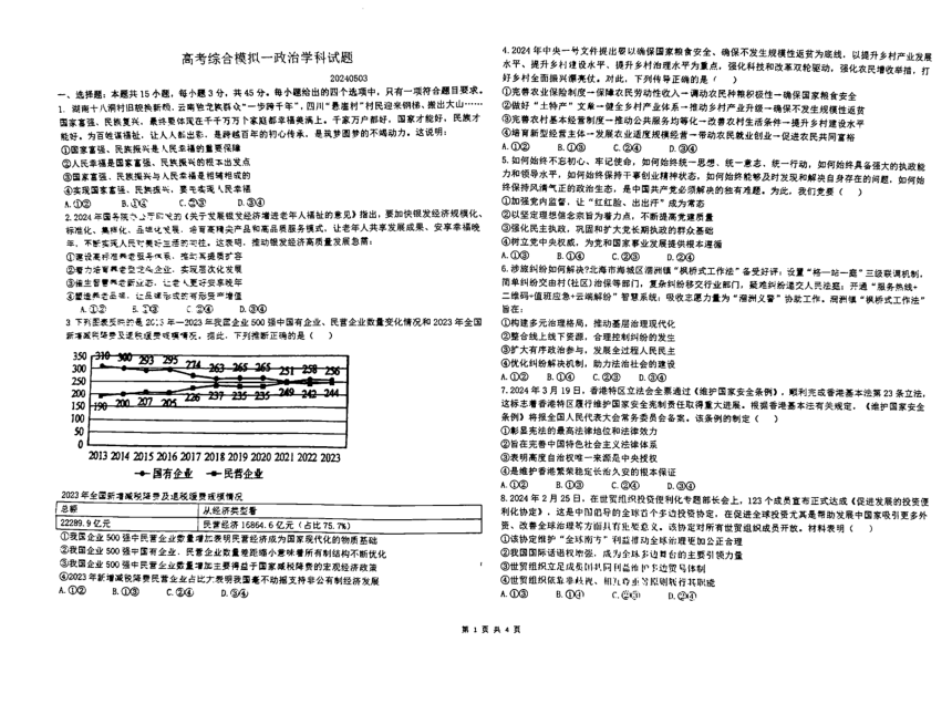 山东省五莲县第一中学2024届高三下学期5月学科考前综合模拟（一）政治试卷（图片版含答案）