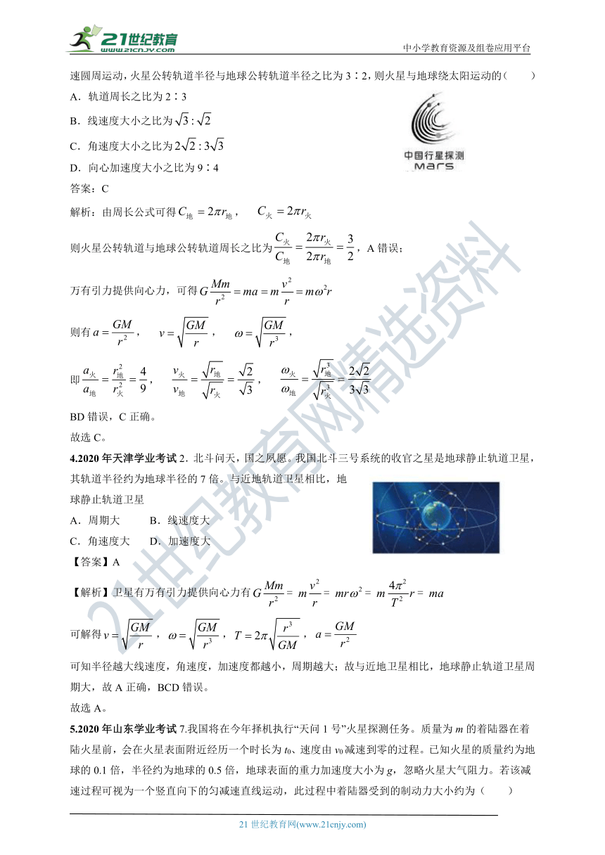 2020年高考物理试卷分类汇编之3--圆周运动和万有引力定律(含解析）