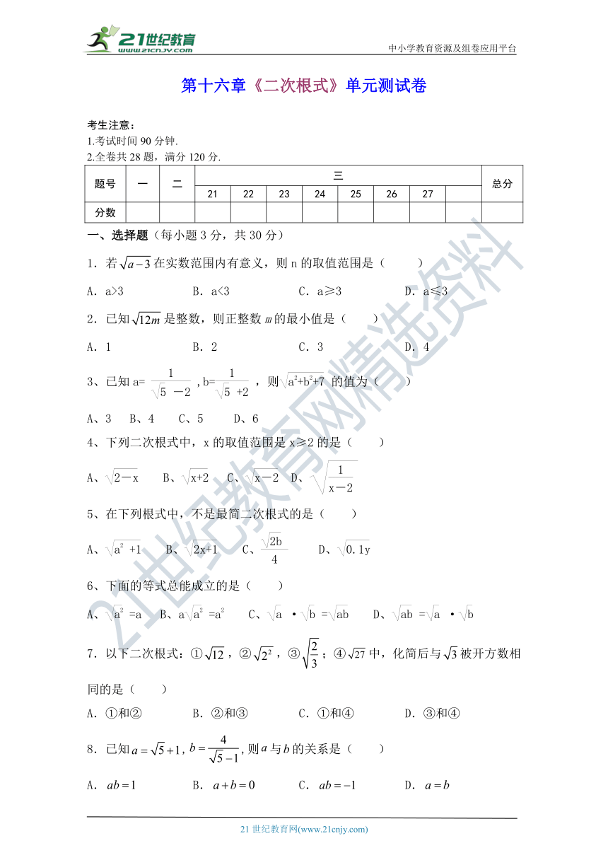 第十六章 二次根式单元测试卷（含答案）