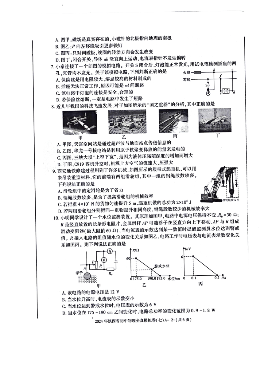 2024年陕西省咸阳市部分学校中考二模物理试题（PDF版  无答案）