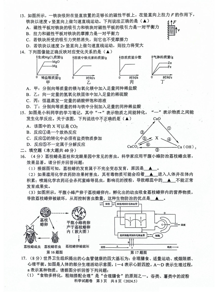 2024年浙江省杭州市临平区树兰中学九年级科学卷（图片版，无答案）