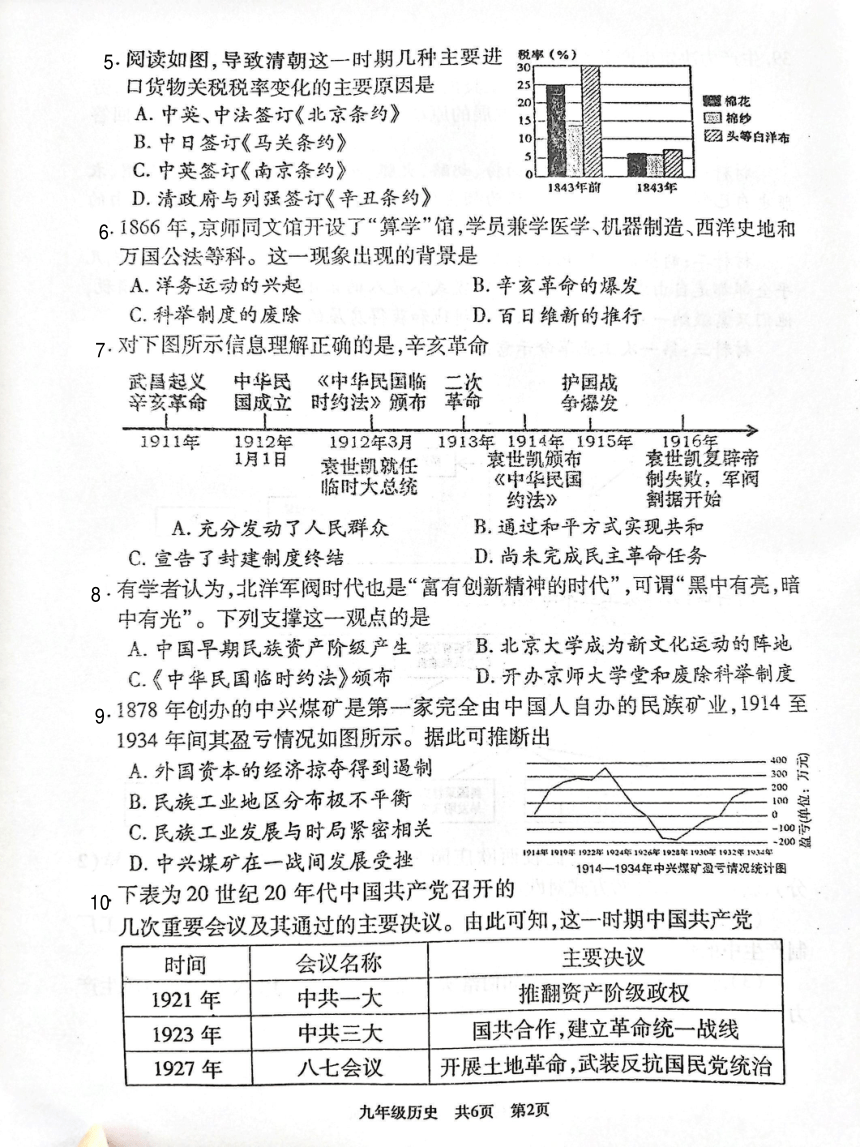 2024年湖南省娄底市九年级三模历史试题（扫描版无答案）