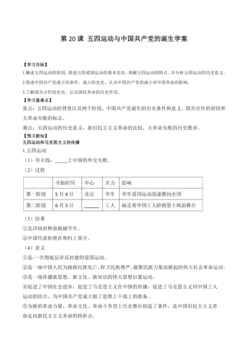 第20课 五四运动与中国共产党的诞生 学案（含解析）