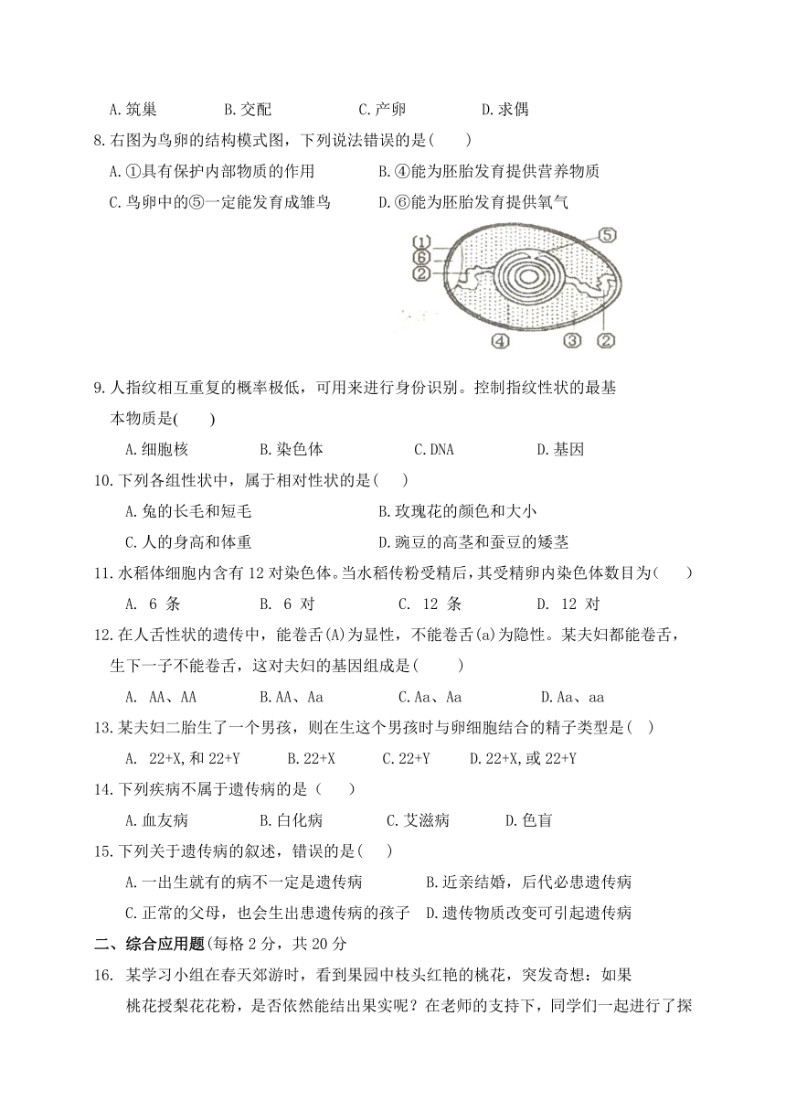 江苏省滨海县2019-2020学年八年级下学期期中考试生物试题（word版含答案）