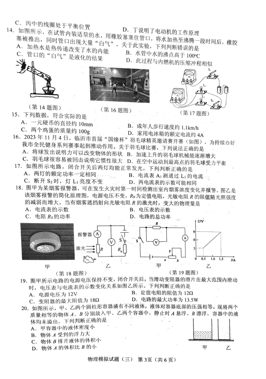 2024年山东省临沂市初中学业水平考试模拟物理试题（三）（PDF版 无答案）