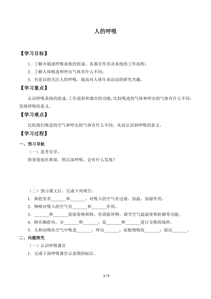 5.16.人的呼吸 学案（无答案）