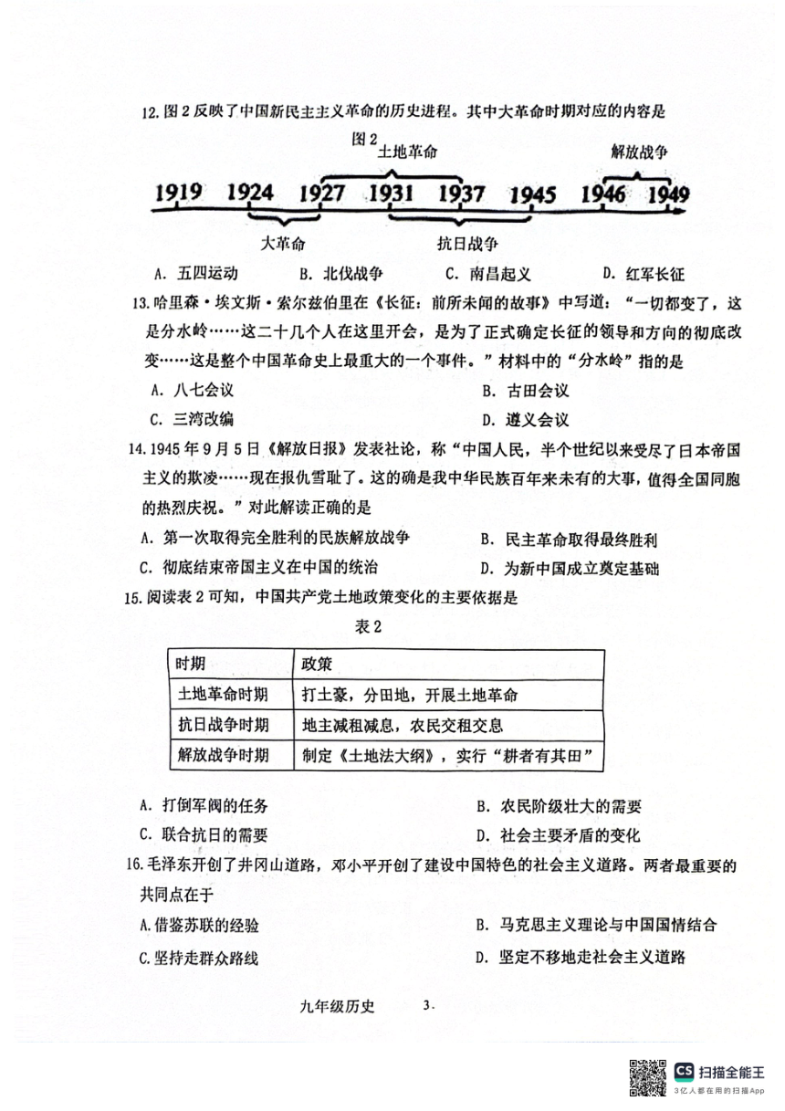 2024年山东省济南市市中区九年级下学期学业水平质量检测历史试题（扫描版无答案）