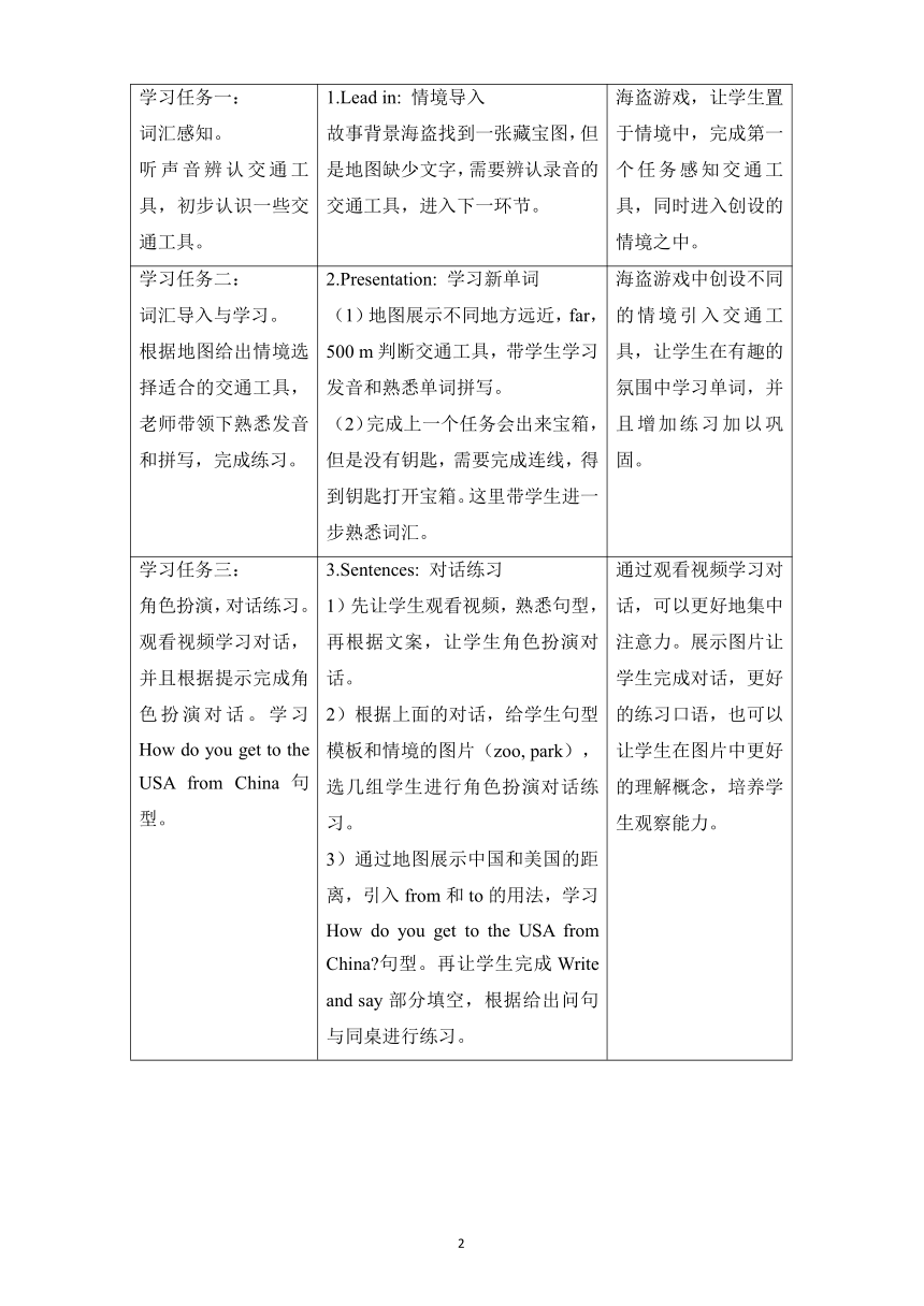 Unit 2 Ways to go to school Part A+B 教学设计（表格式）