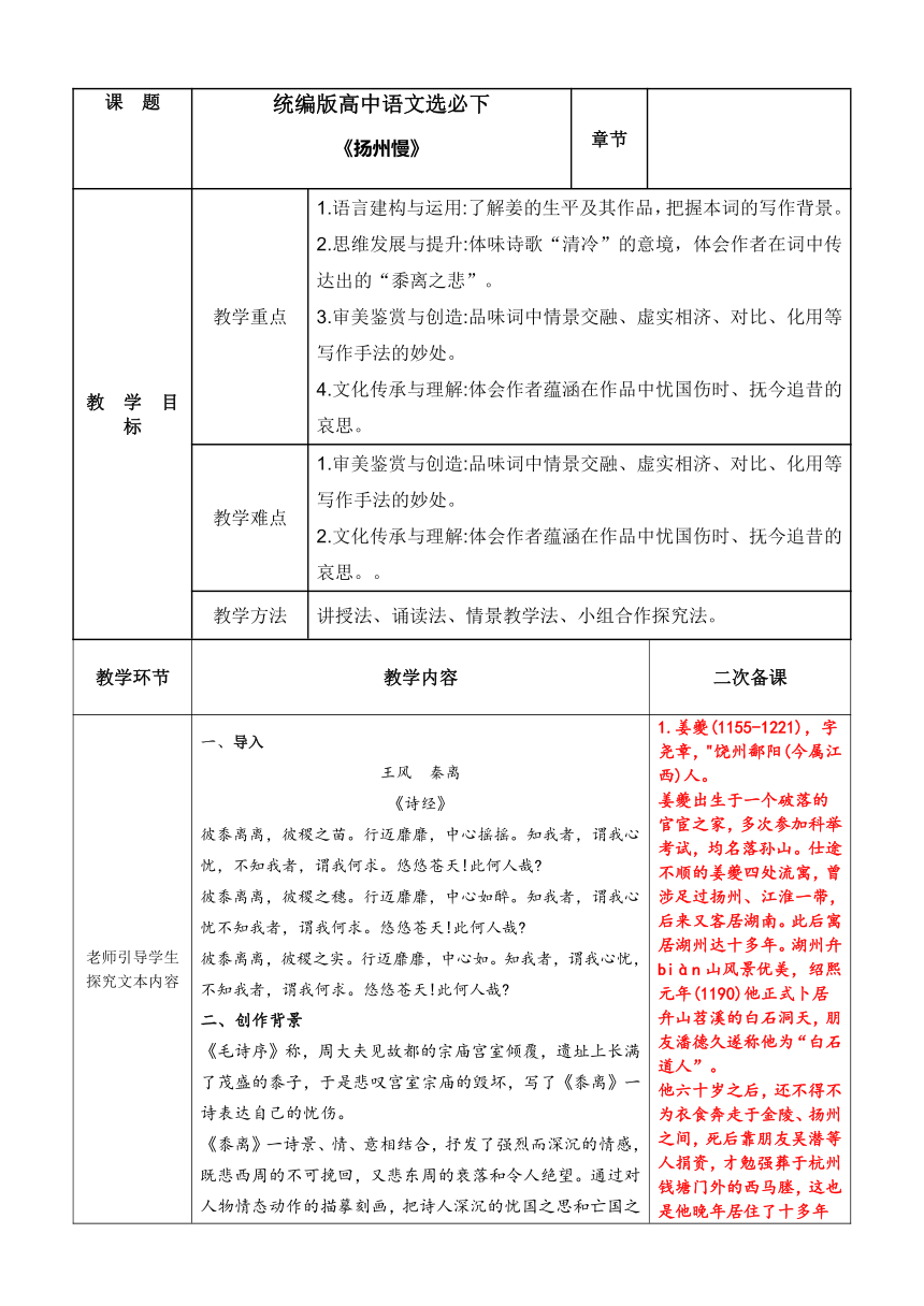 4.2《扬州慢（淮左名都）》教学设计（表格式） 2023-2024学年统编版高中语文选择性必修下册